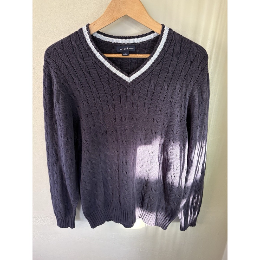 Lands’ End Cable Knit Sweater Mens M Made in USA V-Neck 100% Cotton Navy